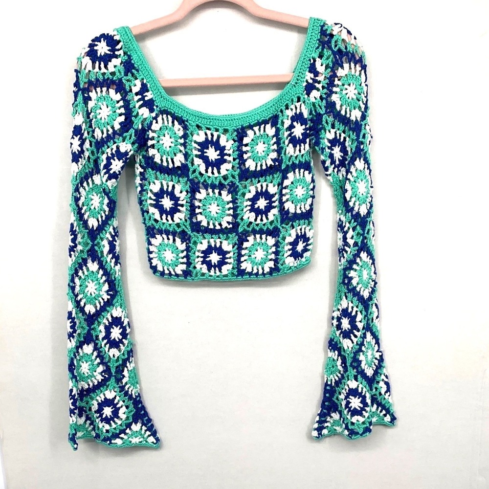 Crochet Granny Square Bell Sleeve Crop Top S Blue Green Boh - Picture 3 of 6